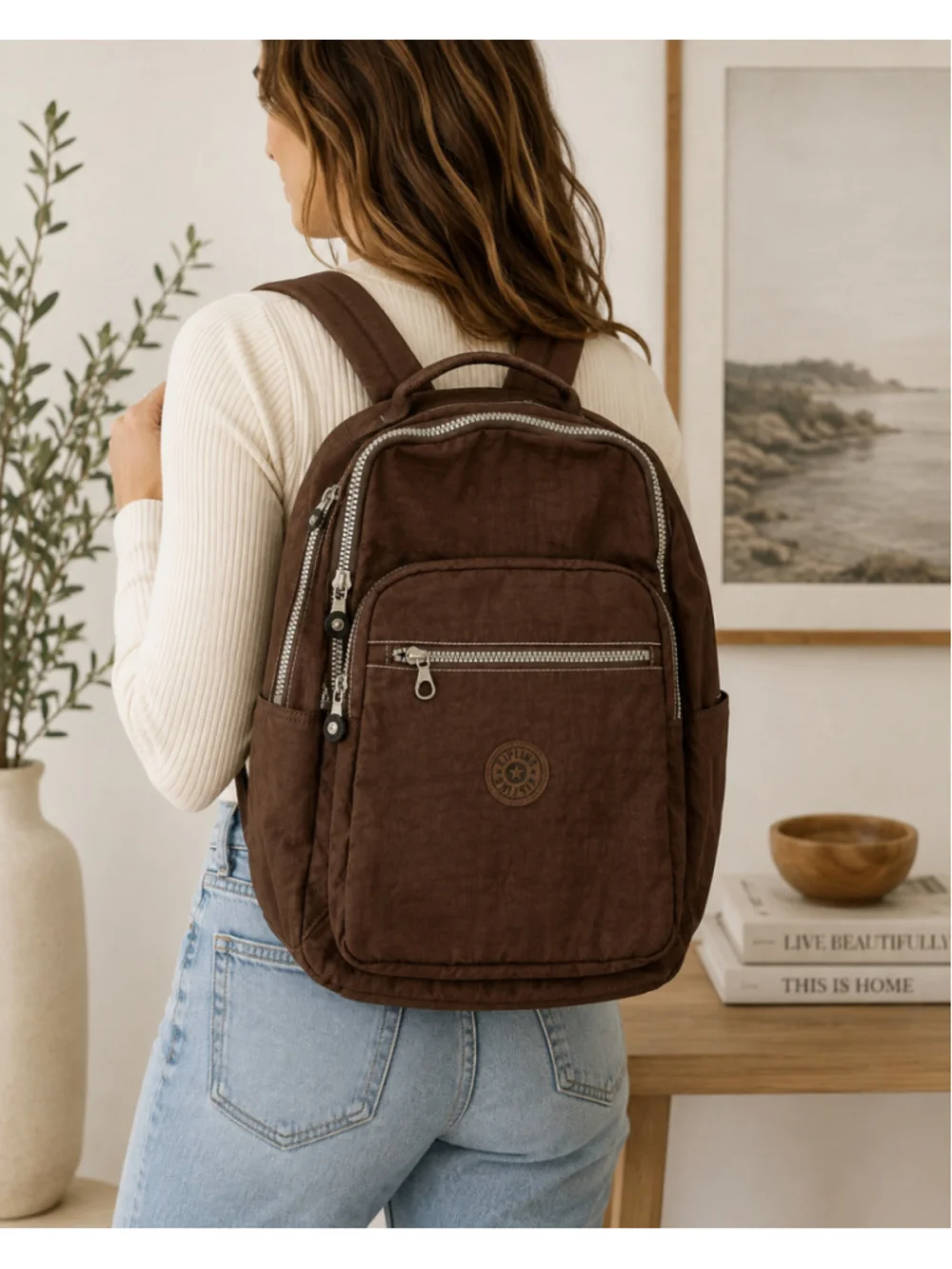 Kipling Brown Nylon Multi Pocket Backpack Travel 15” Laptop Bag